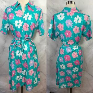 Vtg 70s MOD House Dress Floral Zip Front Belted Pockets Housewife Cottagecore L